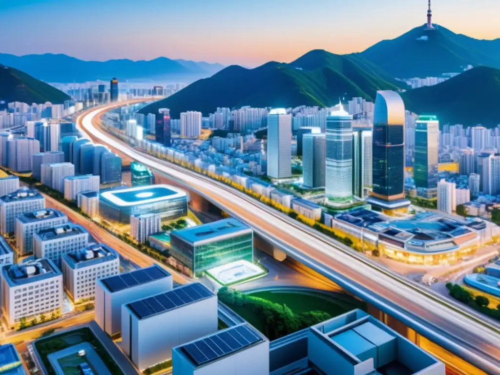 'Vibrante escena urbana en Corea del Sur con conectividad 5G, mostrando tecnologías futuristas y arquitectura moderna y tradicional