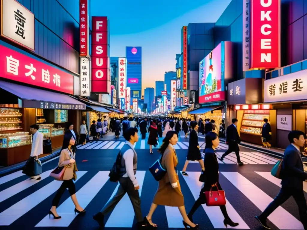 Vibrante escena urbana en Tokio con tendencias de lujo en Asia, neones y moda de vanguardia