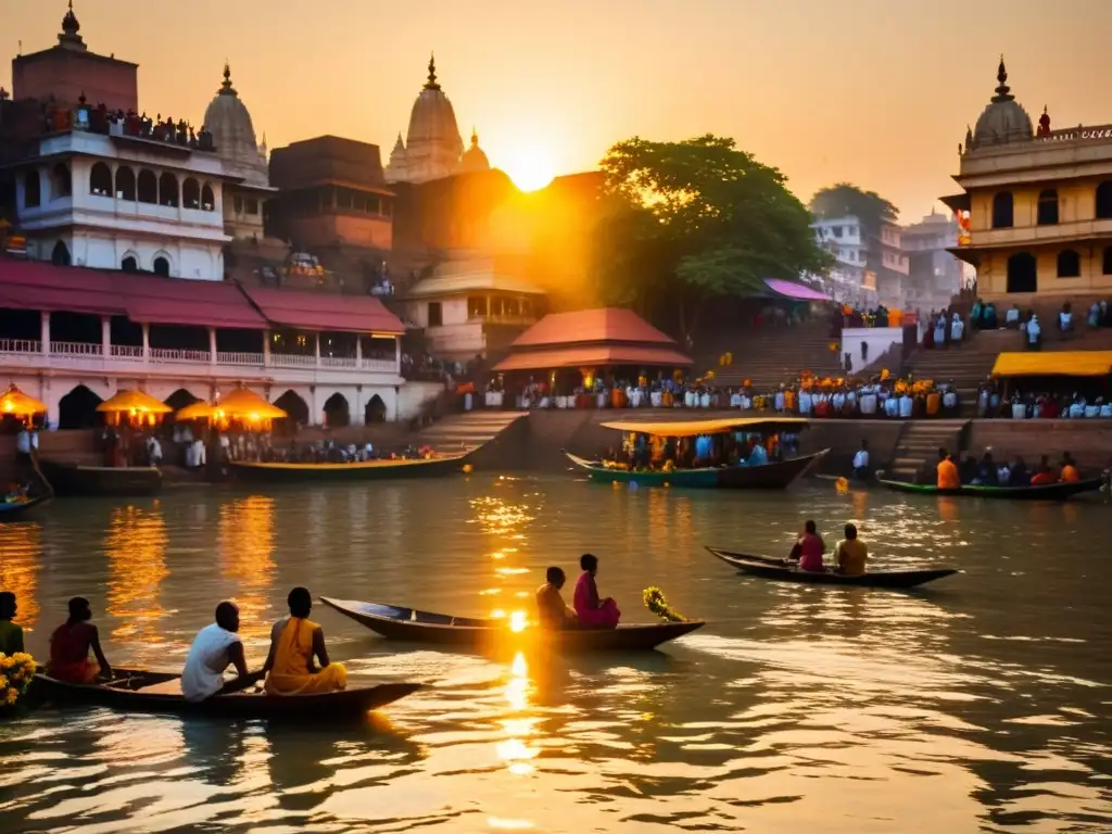 Vibrante escena en los ghats de Varanasi, India, sobre el río Ganges