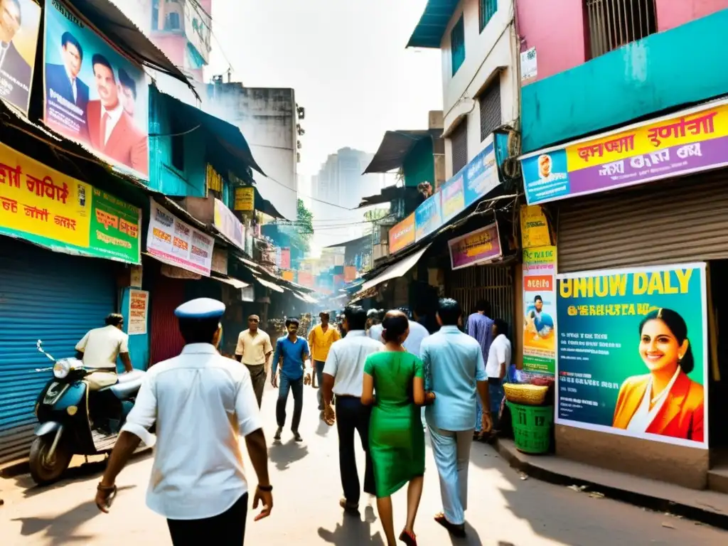 Un vibrante escenario callejero en Mumbai, India, con coloridos pósters de películas adornando los muros del bullicioso callejón