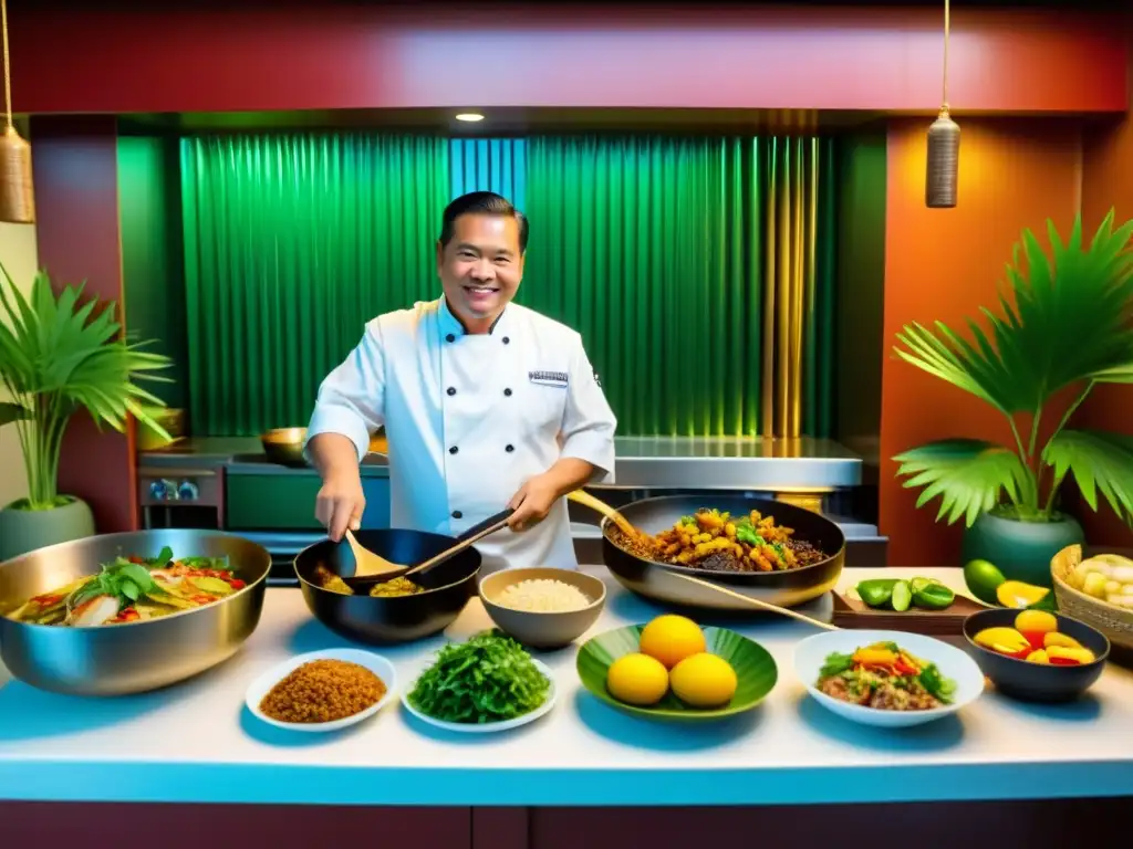 Un vibrante escenario de la cocina filipina con chefs preparando platos asiáticos