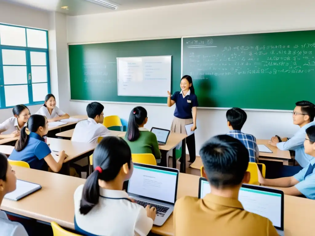 Vibrante escuela de idiomas en Asia con alumnos y profesores de diversos orígenes culturales y herramientas de aprendizaje tradicionales y modernas