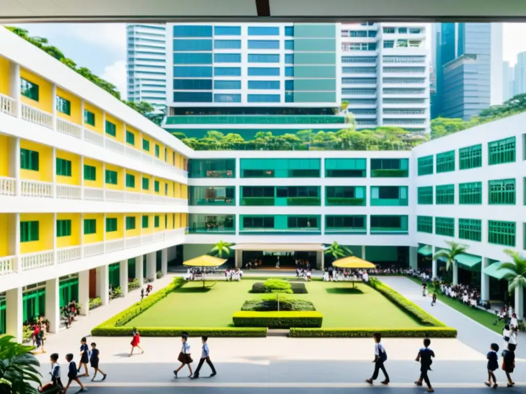 Vibrante escuela en Singapur: estudiantes uniformados en un patio animado