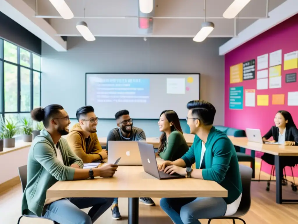 Un vibrante espacio de coworking en un campus universitario asiático, lleno de luz natural y murales coloridos