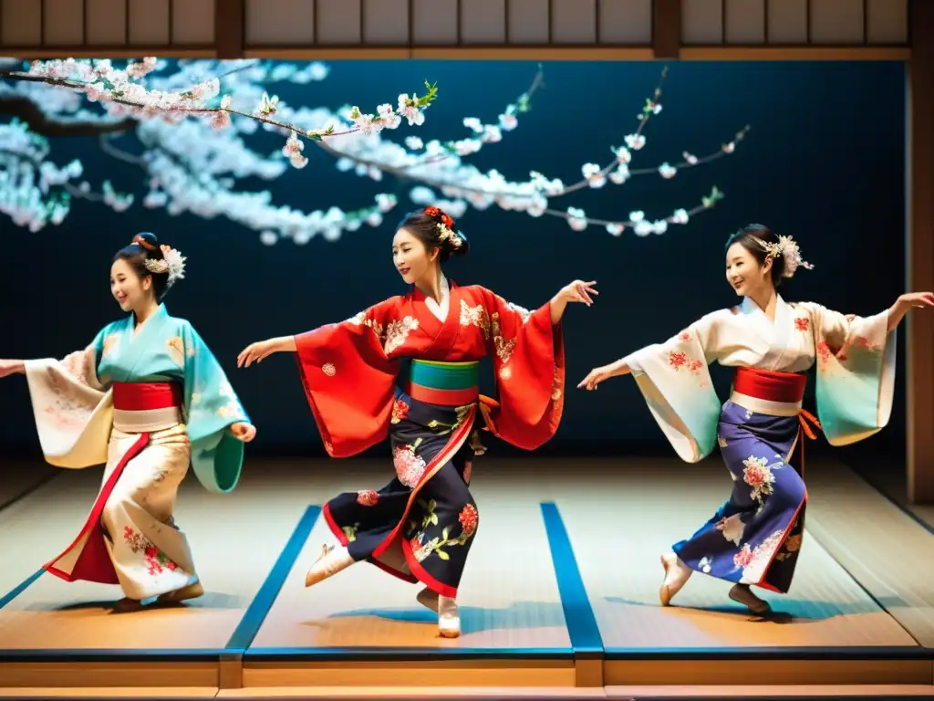 Un vibrante espectáculo de danza tradicional japonesa, con gráciles movimientos y kimonos ornamentados en una escena culturalmente rica