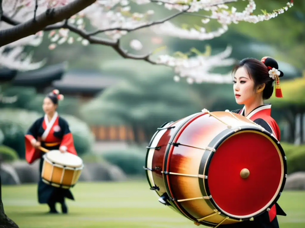 Un vibrante espectáculo de tambor tradicional japonés en un sereno jardín, con músicos en trajes tradicionales y árboles de cerezo en plena floración