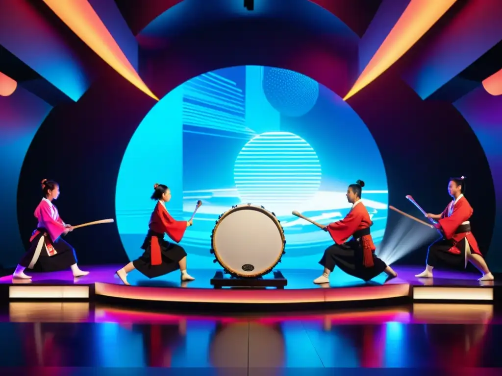 Un vibrante espectáculo de fusión música JPop tradicional, con tambores taiko y proyecciones futuristas en un escenario moderno