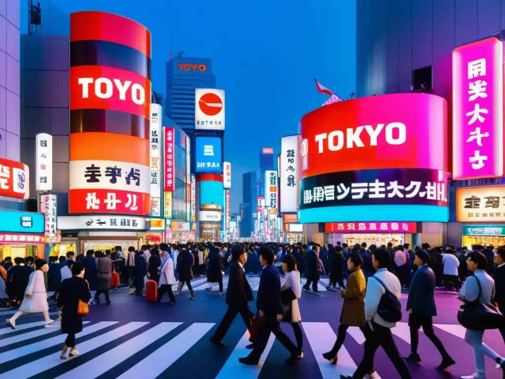 Vibrante esquina de Tokio con carteles de neón y multitudes, reflejando la fusión de lo tradicional y lo moderno