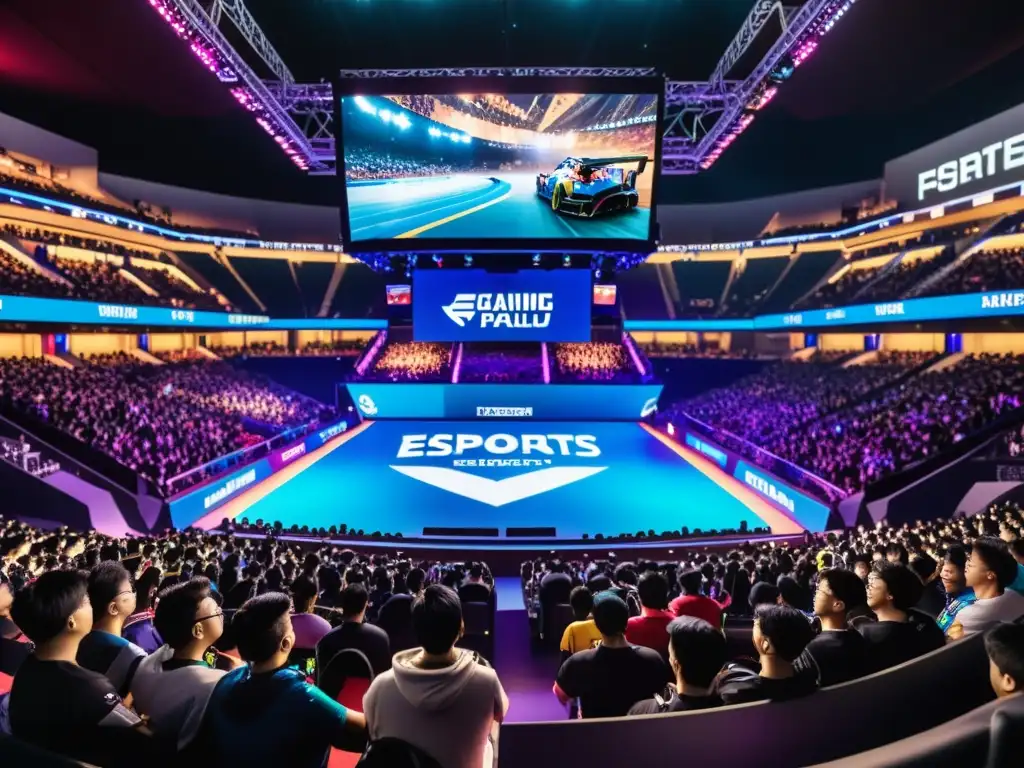 Vibrante estadio de eSports asiáticos, con público diverso animado y pantalla gigante mostrando juego en vivo, capturando el impacto del streaming