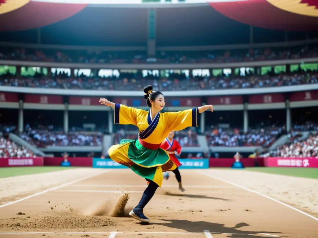 Vibrante evento deportivo tradicional asiático con participantes en atuendos coloridos y arquitectura ornamental