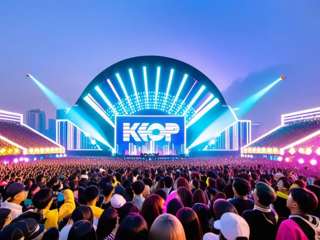 Una vibrante exhibición de la historia del KPop: fans agitando light sticks, artistas en trajes futuristas y un impresionante escenario con luces