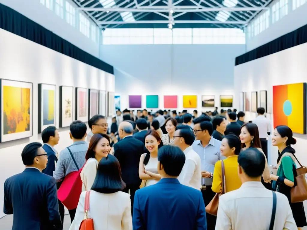 Vibrante feria de arte contemporáneo en Asia con obras diversas y visitantes interactuando, reflejando la energía creativa