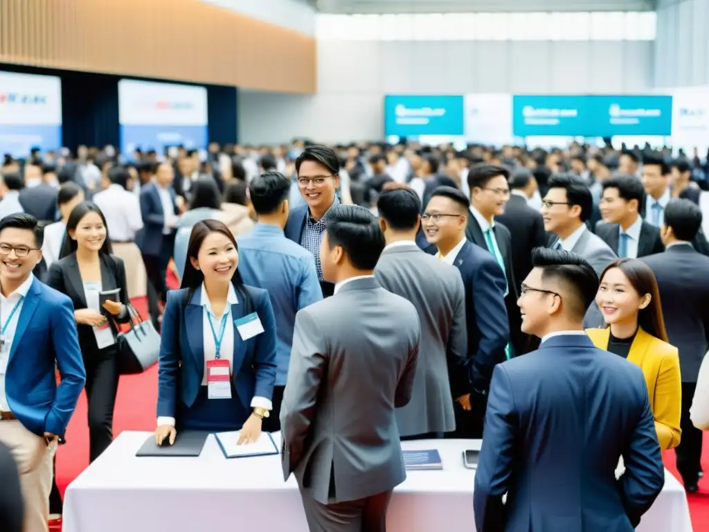 Vibrante feria laboral en ciudad asiática, estudiantes y profesionales interactúan con empleadores