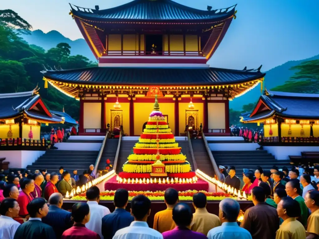 Vibrante Festival budista Ulambana: devotos realizando ofrendas en altar adornado bajo un pagoda ornamental