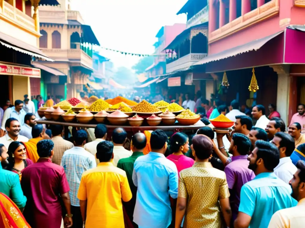 Vibrante festival hindú amor conyugal en una bulliciosa calle de la India, con gente vestida de colores, henna y música