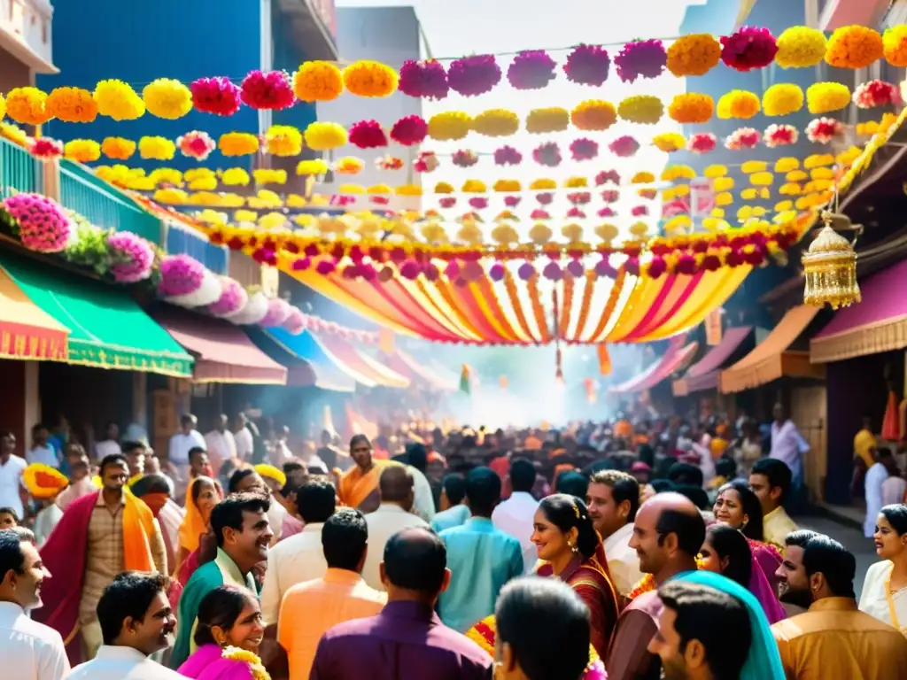 Vibrante festival hindú con desfile, vestimenta tradicional, música y decoraciones callejeras durante los festivales del hinduismo tradicionales