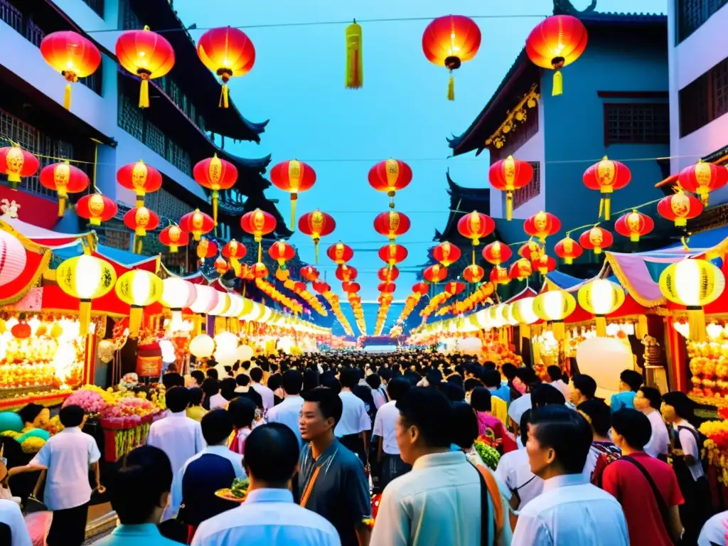 Celebración vibrante en el Festival Fantasmas Hambrientos de Taiwan, con coloridas carrozas y ofrendas en las bulliciosas calles