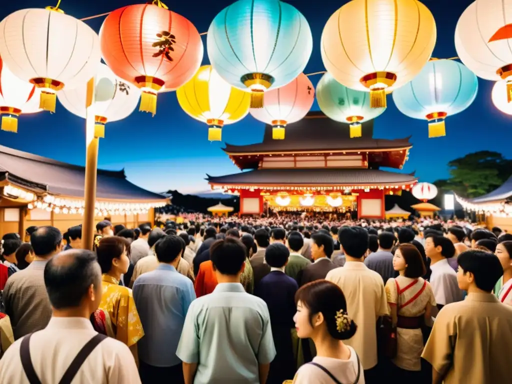 Vibrante festival Matsuri japonés con desfiles, trajes tradicionales, música y multitudes, iluminado por linternas