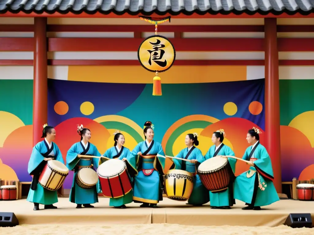 Vibrante festival de música de Okinawa en el sudeste asiático: músicos tocan el sanshin y tambores taiko en trajes tradicionales coloridos