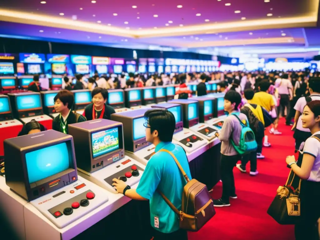 Vibrante convención de gaming en Tokio, con consolas retro asiáticas, cosplay colorido y entusiastas nostálgicos gaming