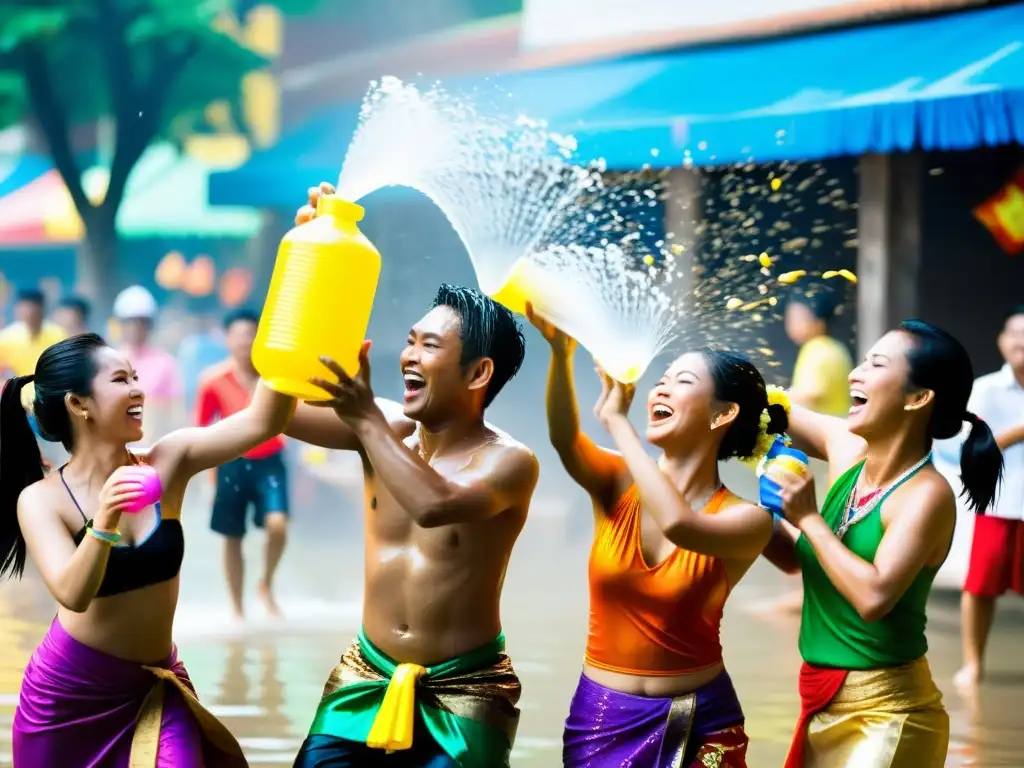 Vibrante celebración del Songkran: agua, color y tradición tailandesa Vibrante celebración del Songkran con gente disfrutando y lanzándose agua