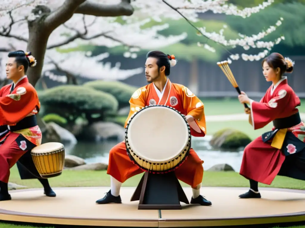 Un vibrante grupo de músicos en kimonos ejecuta enérgicamente tambores taiko en un escenario, con un hermoso jardín japonés de fondo