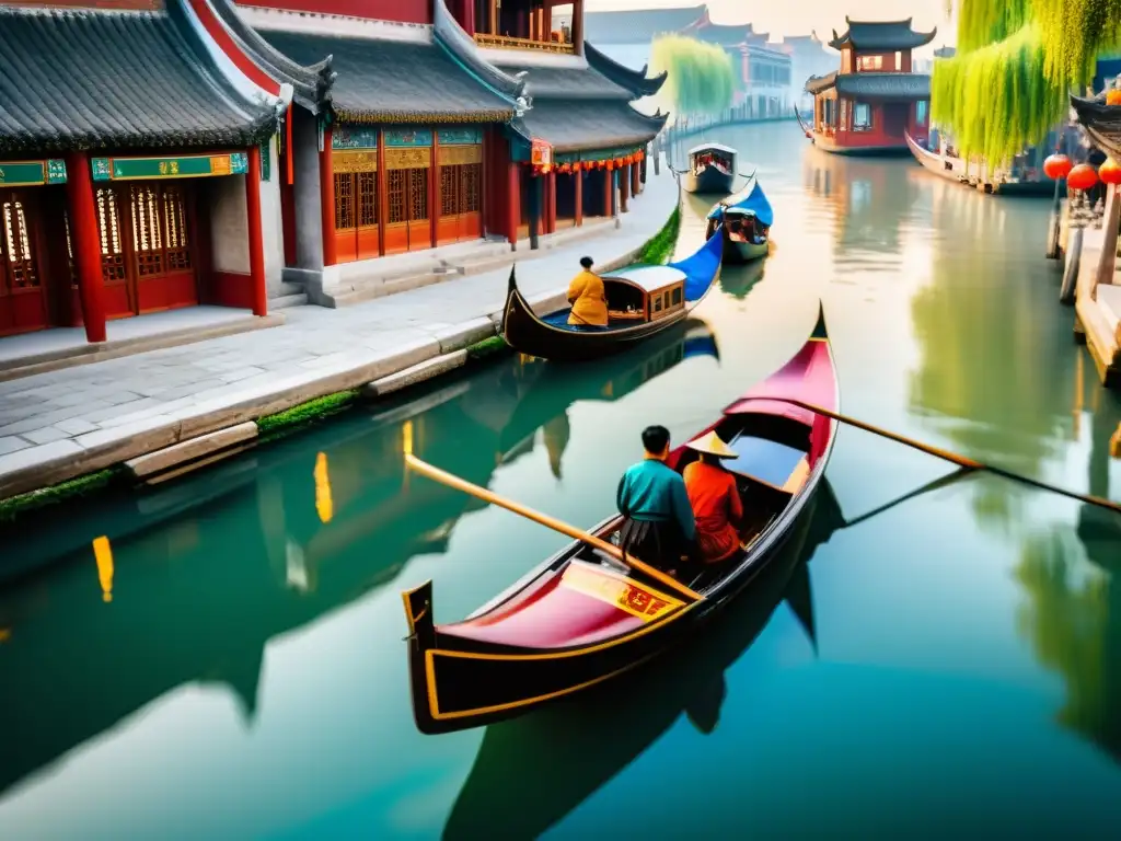 Vibrante imagen del Canal Imperial Antigua China, con barcos de madera y arquitectura histórica a lo largo del agua