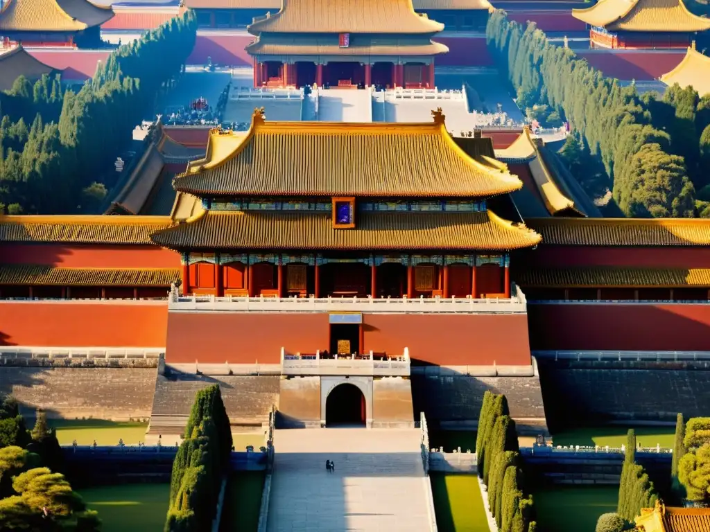 Vibrante imagen de la Ciudad Prohibida en Beijing, mostrando la opulencia del Palacio Imperial Chino con concubinas, eunucos y jardines exuberantes