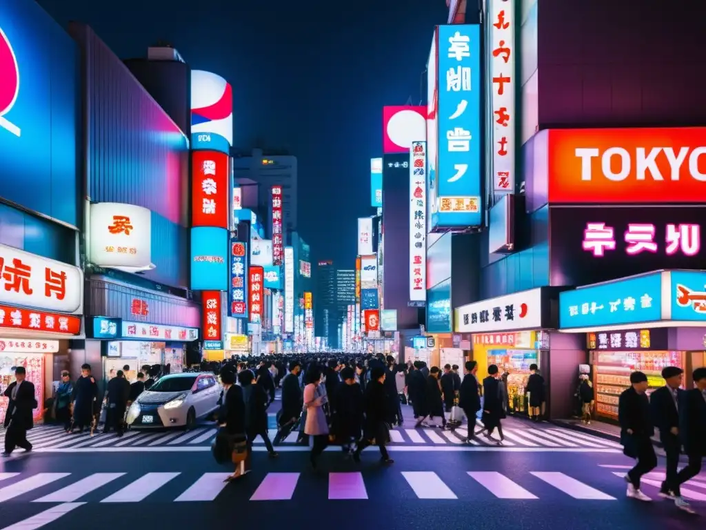 Vibrante imagen nocturna de las calles de Tokio con instalaciones luminosas en Asia