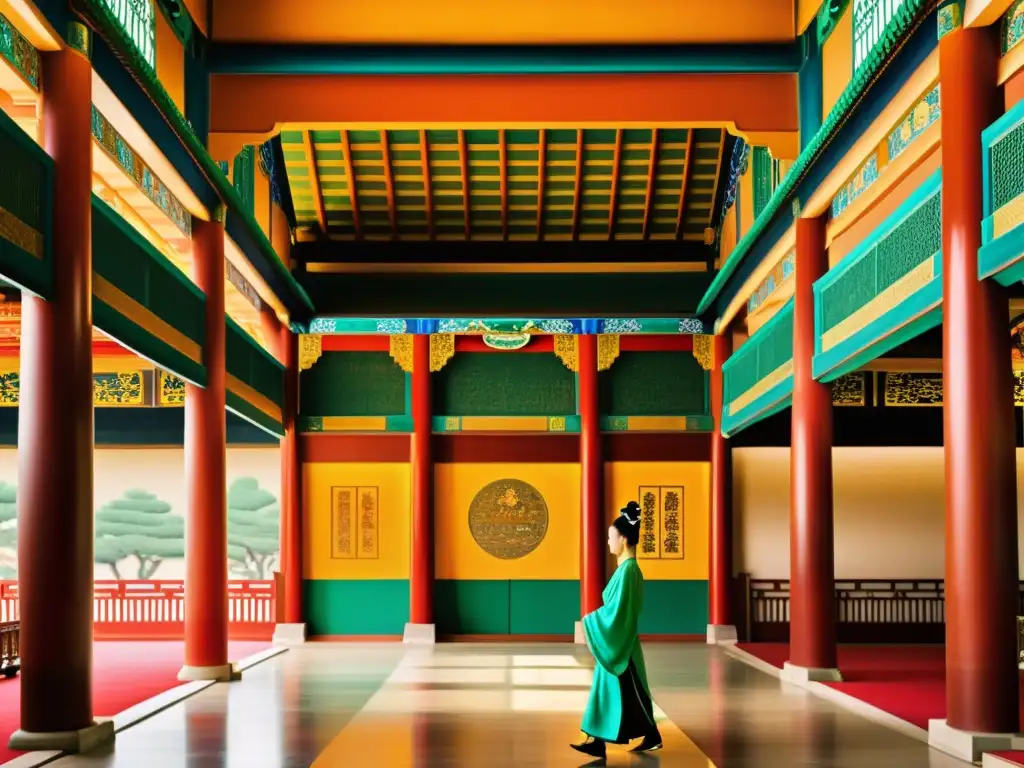 Vibrante imagen del palacio imperial de la dinastía Tang, con la Emperatriz Wu Zetian gobernante China, corte y linternas doradas