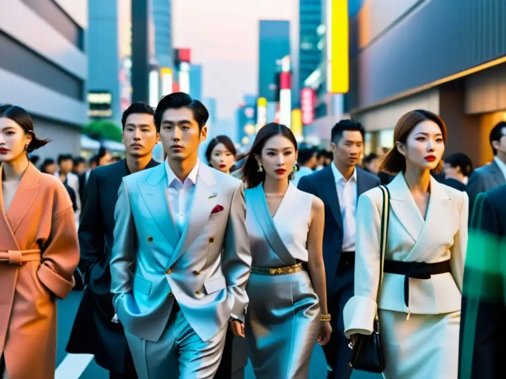 Vibrante imagen de la Semana de la moda asiática en Tokio, con asistentes elegantes y rascacielos iluminados por neón