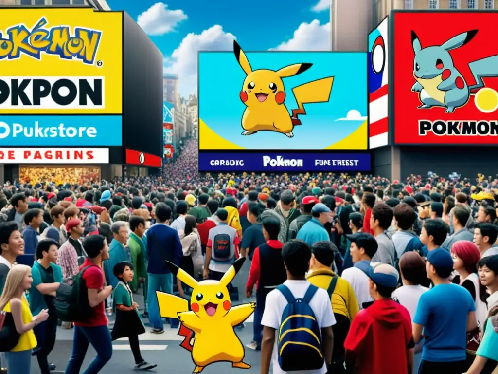 Vibrante impacto mundial Pokémon cultura pop en la bulliciosa calle de la ciudad con gran cartel de Pokémon y multitud animada