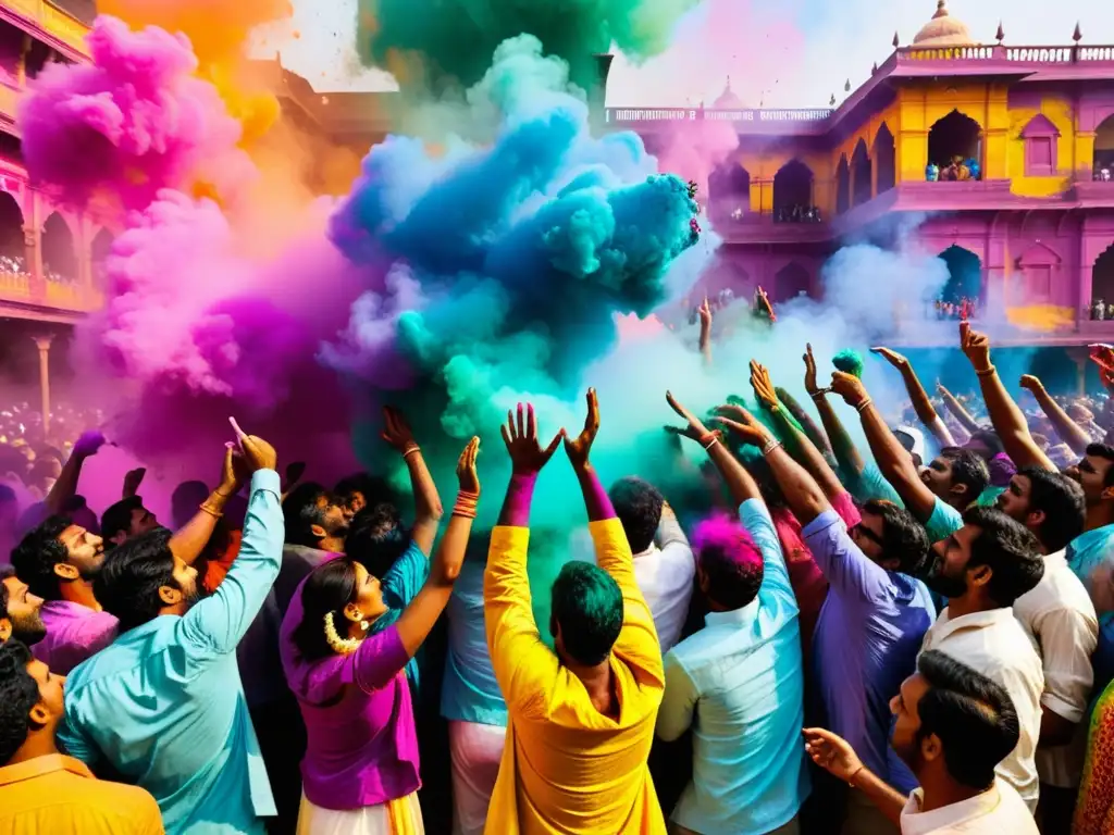 Vibrante celebración del Holi en la India, con colores dinámicos, gente alegre y edificios históricos