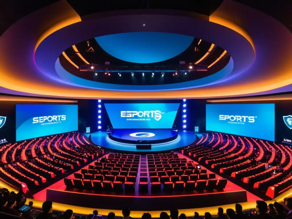 Vibrante infraestructura eSports Asia: arena llena de estaciones de juego de alta tecnología, luces LED y multitud entusiasta