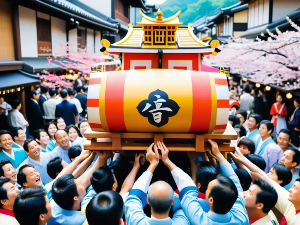 Una procesión vibrante de un mikoshi japonés tradicional en las calles de Kyoto, capturando la energía de la cultura japonesa tradicional en Kyoto