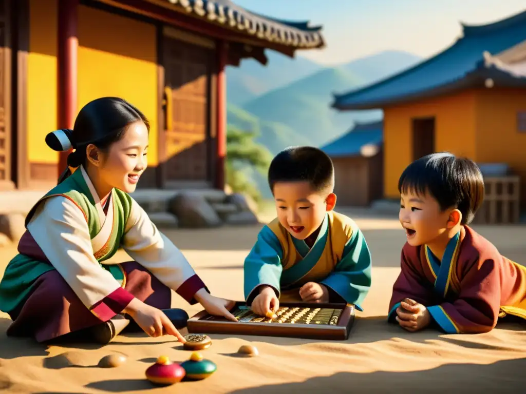 Un vibrante juego tradicional coreano Ttakji, con niños jugando en un pueblo tradicional, resaltando su cultura y diversión