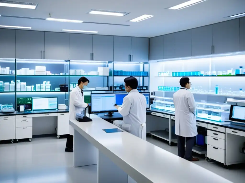 Vibrante laboratorio de investigación farmacéutica y biotecnológica en Asia, con científicos trabajando en modernas instalaciones