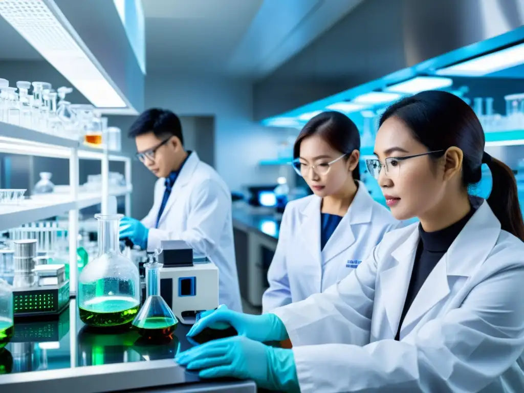 Vibrante laboratorio de biotecnología en Asia, con científicos en batas blancas realizando experimentos