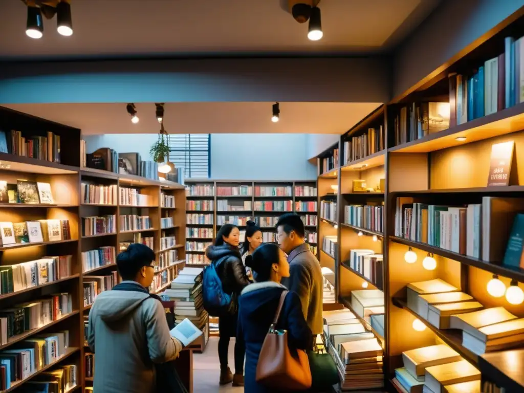 Vibrante librería en China con ejemplares de 'El problema de los tres cuerpos', gente conversando y leyendo, atmósfera intelectual y acogedora