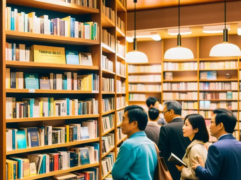 Vibrante librería en Tokyo con impacto de Murakami en narrativa, repleta de lectores y ejemplares de 'Tokio Blues', ambiente literario y cultural