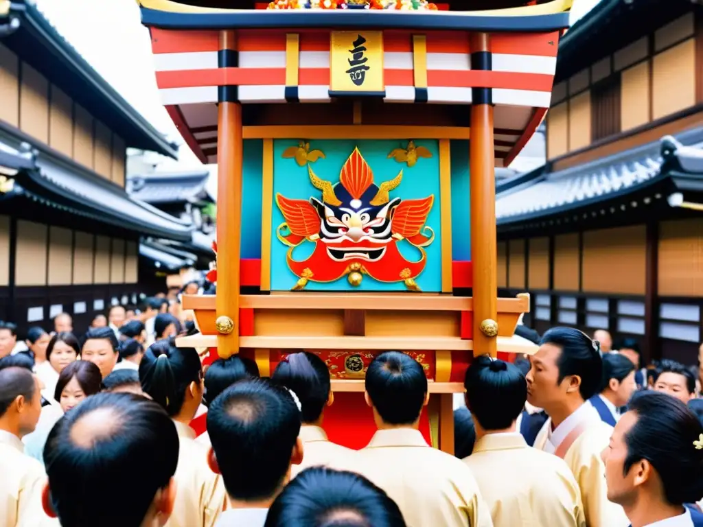 Vibrante mikoshi llevado por las calles de Gion durante el Matsuri de Gion, inmersión en el Pantheon Japonés Matsuri Gion