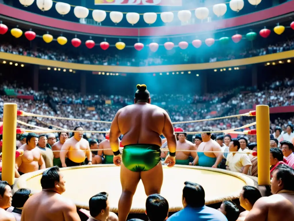 Una vibrante lucha de Lucha Sumo en medio de la ciudad, con coloridos trajes y máscaras, en un ambiente lleno de energía y espectáculo