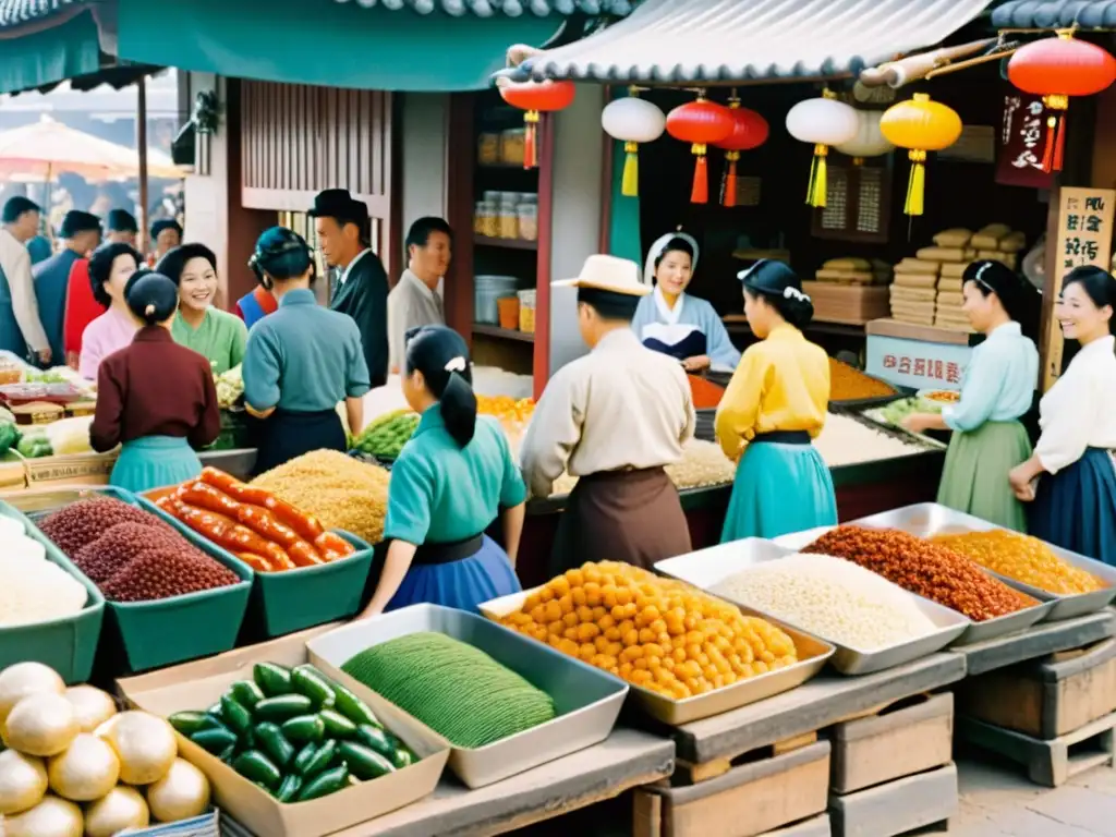 Vibrante mercado de 1950 en Seúl, Corea del Sur, con ingredientes para Tteokbokki