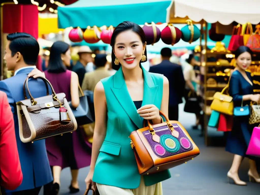 Vibrante mercado de accesorios de moda asiática de lujo con colores, texturas y energía dinámica de compradores elegantes