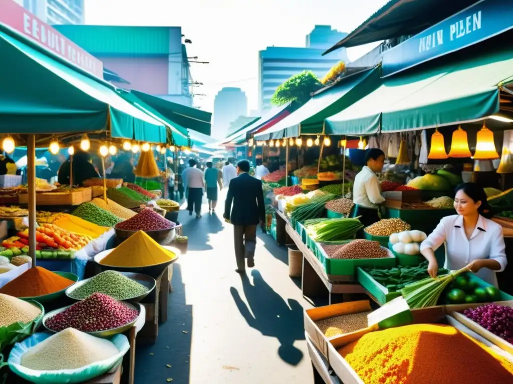 Vibrante mercado al aire libre en Bangkok, Tailandia, muestra la diversidad culinaria de Asia y la energía vibrante de su cultura alimentaria