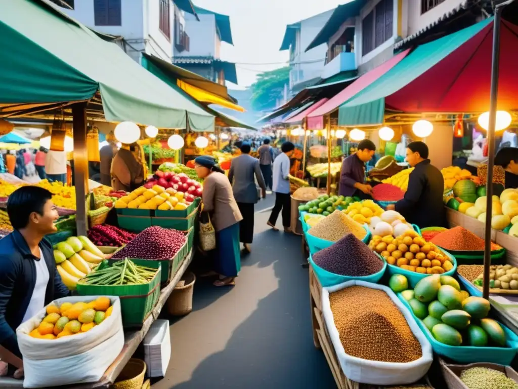 Vibrante mercado al aire libre en Asia con puestos de frutas exóticas, especias fragantes y comida callejera