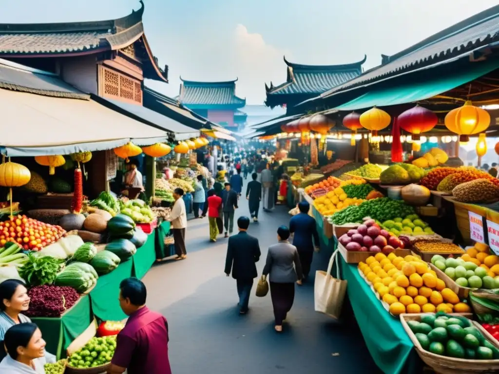 Vibrante mercado al aire libre en Asia, con frutas, verduras y especias exóticas