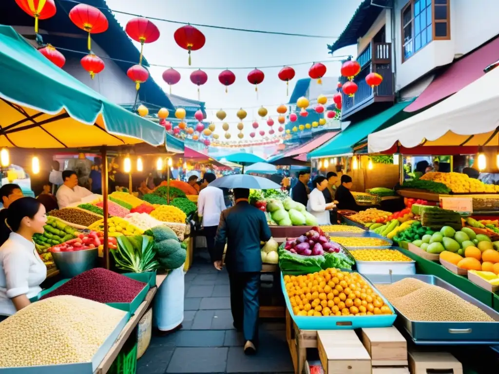 Vibrante mercado de alimentos asiáticos al aire libre, fusionando tradición e innovación en la gastronomía asiática moderna