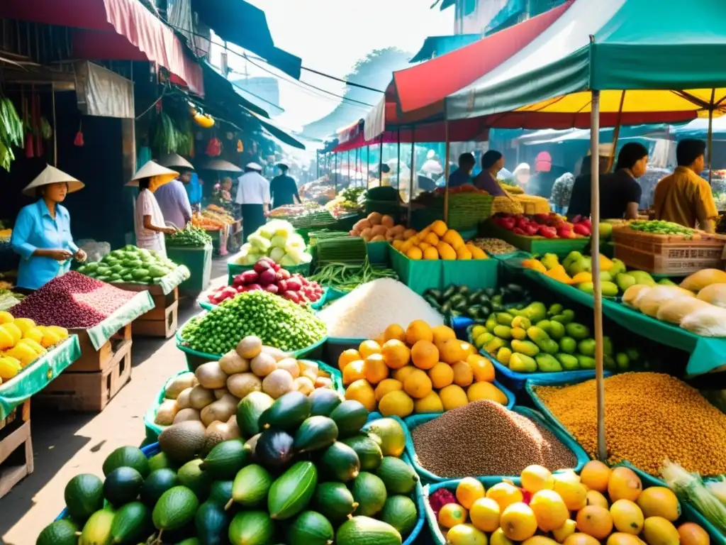 Un vibrante mercado de alimentos en Vietnam con una mezcla de frutas exóticas, hierbas fragantes y vendedores preparando platos indochinos