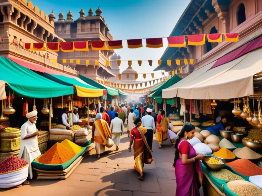 Vibrante mercado antiguo en la India, con textiles, especias y arte